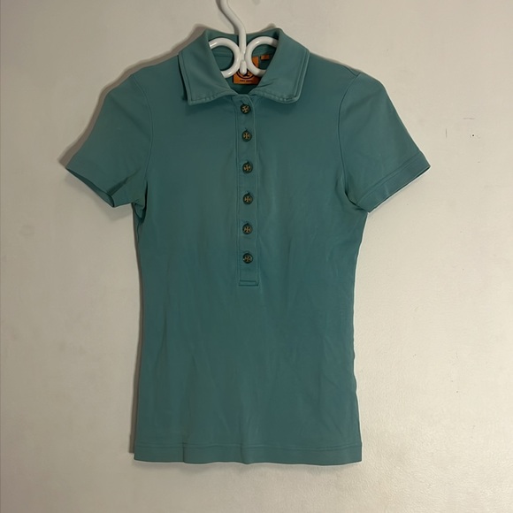 TORY BURCH Green/Blue Polo Shirt with TB Signature Buttons - Sz Extra Small - Picture 8 of 8
